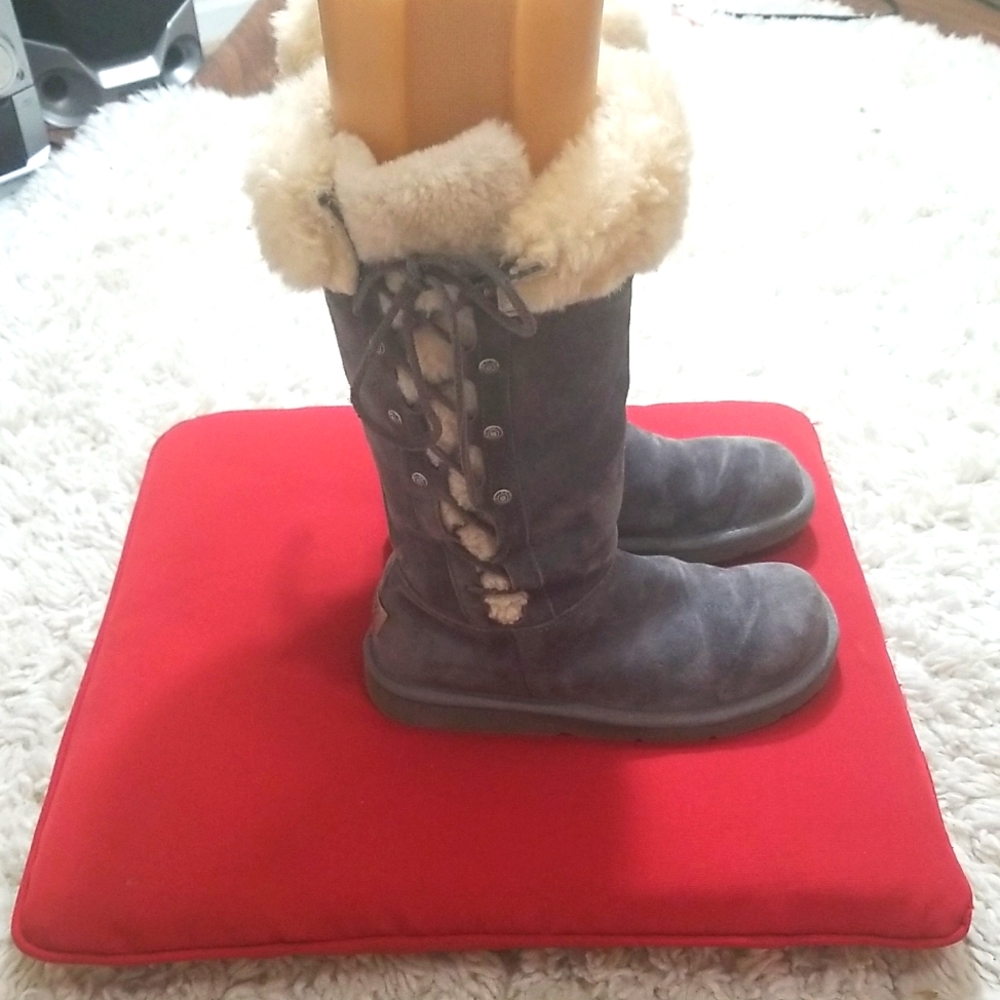 UGG Gray Combat Boots with Cream Fur